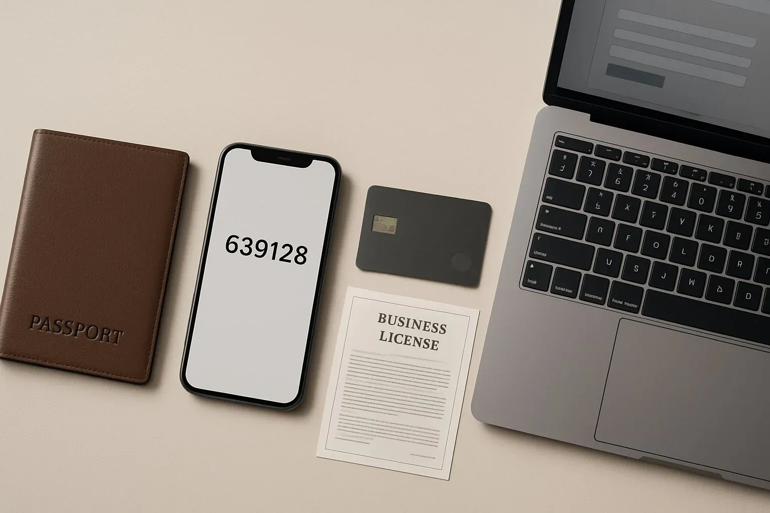 Flat-lay view of a passport, smartphone with a verification code, credit card, business license, and laptop displaying an online form in progress.