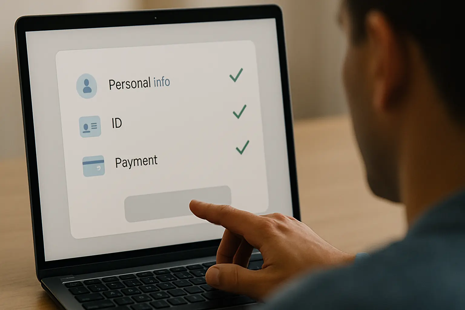 Person reviewing a laptop screen with checkmarks next to steps like personal info, ID, and payment, hovering over a glowing submit button.