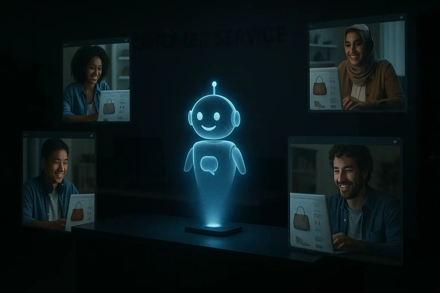 Dark nighttime customer service desk illuminated by a glowing AI chatbot hologram, interacting with smiling shoppers from different countries on floating screens.