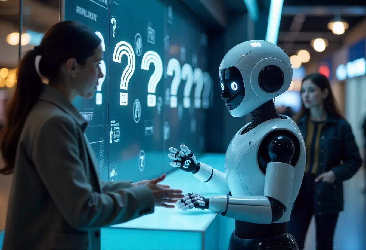 Friendly AI chatbot at a digital help desk, surrounded by floating question marks, assisting diverse shoppers with welcoming gestures in a virtual mall setting.