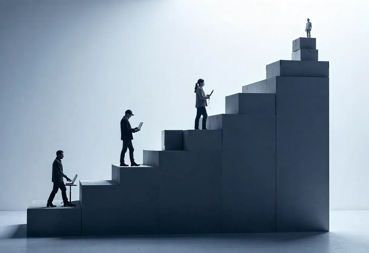 Metaphorical staircase showing stages of Amazon business growth—from a solo seller with boxes and a laptop to a confident leader in a modern office with a team, inventory shelves, and delivery trucks.