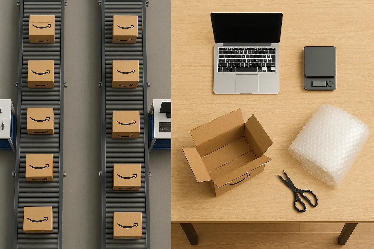 Bird’s-eye view comparing a large Amazon warehouse with conveyor belts and scanning stations to a home setup with a laptop, scale, and bubble wrap.