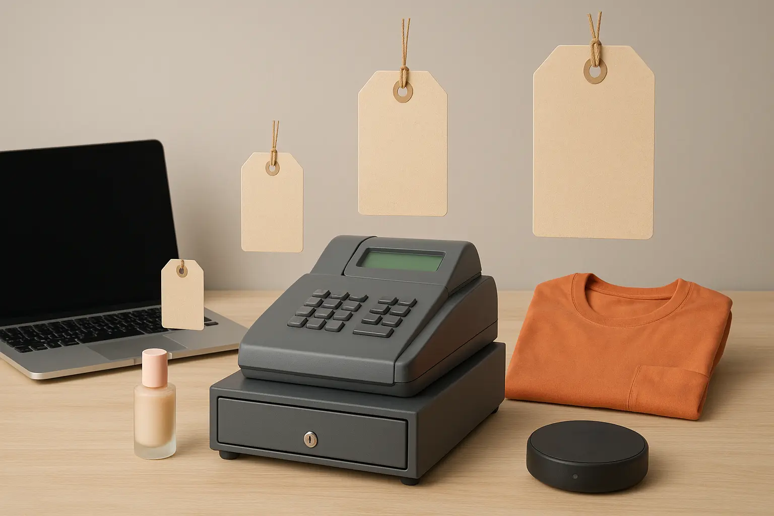 Floating price tags of different sizes above a laptop, beauty product, T-shirt, and Amazon device, symbolizing varying Amazon referral fees.
