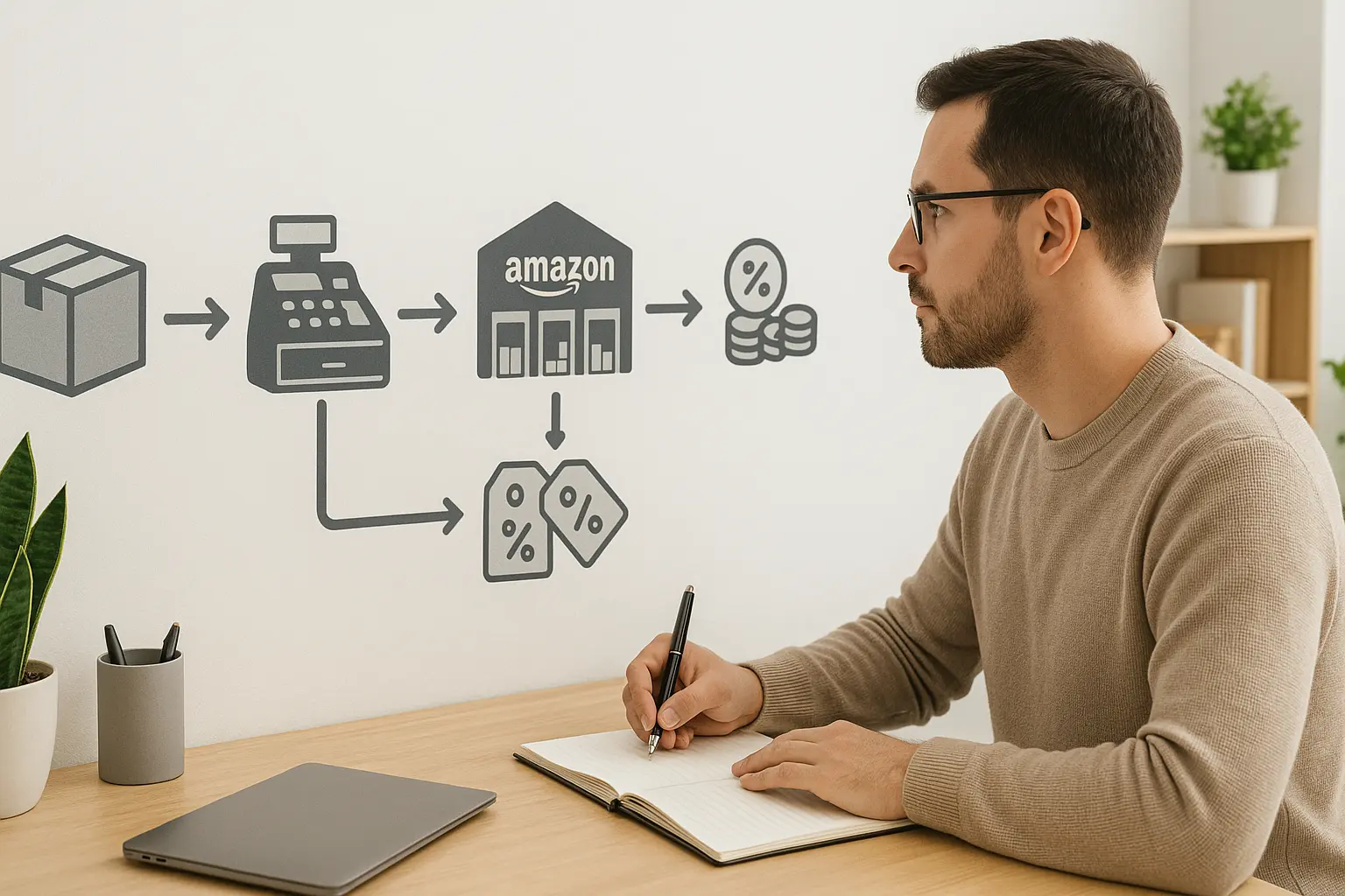 Visual flowchart showing a product moving through a cash register, Amazon warehouse, and fee deductions before ending in profit, with a seller analyzing the process using a pen and notebook.