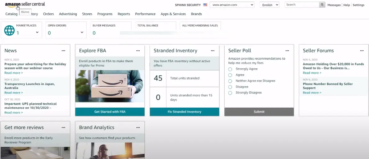 Screenshot of the Amazon Seller Central homepage showing the “Sign Up” button and a brief overview of seller benefits.