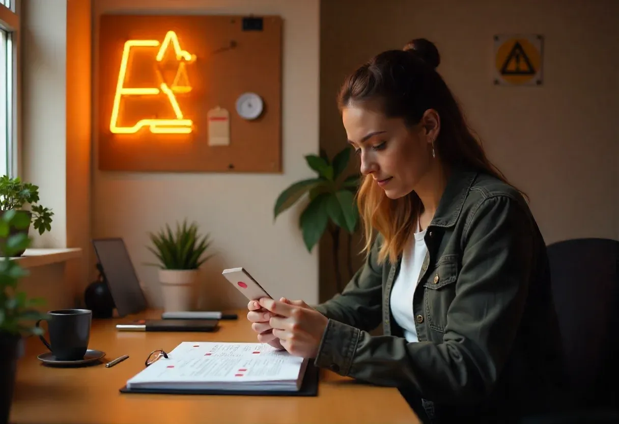 Amazon seller inspecting a product at home while reviewing a policy document with red checkmarks and warning icons, with a bulletin board nearby showing symbols for compliance and quality.