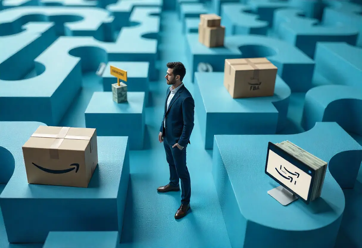 Symbolic maze with Amazon-related icons at decision points—FBA box, cash stack, business sign, marketing screen—centered around a seller confidently finding the right path.