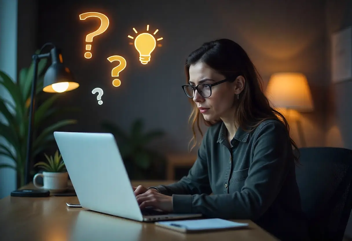 Person sitting at a desk, looking puzzled at a laptop showing a Q&A interface, with floating icons like a question mark, Amazon box, and lightbulb above them.