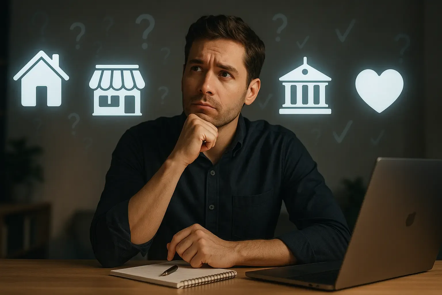 Person at a desk reviewing floating icons representing different business entities—individual, private business, public company, government, and charity—with decision symbols like question marks and checkmarks in the background.