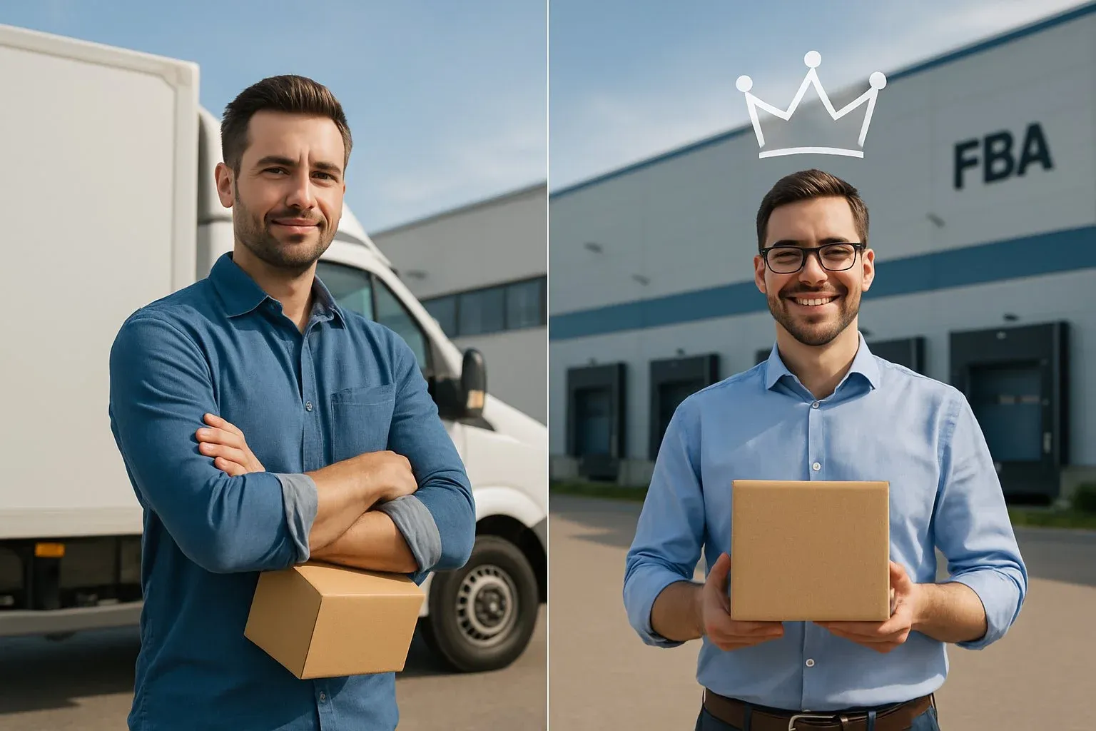 Two sellers compete to offer the same product—one with a delivery truck, the other with an FBA warehouse crowned by a glowing Buy Box icon, symbolizing the winner.
