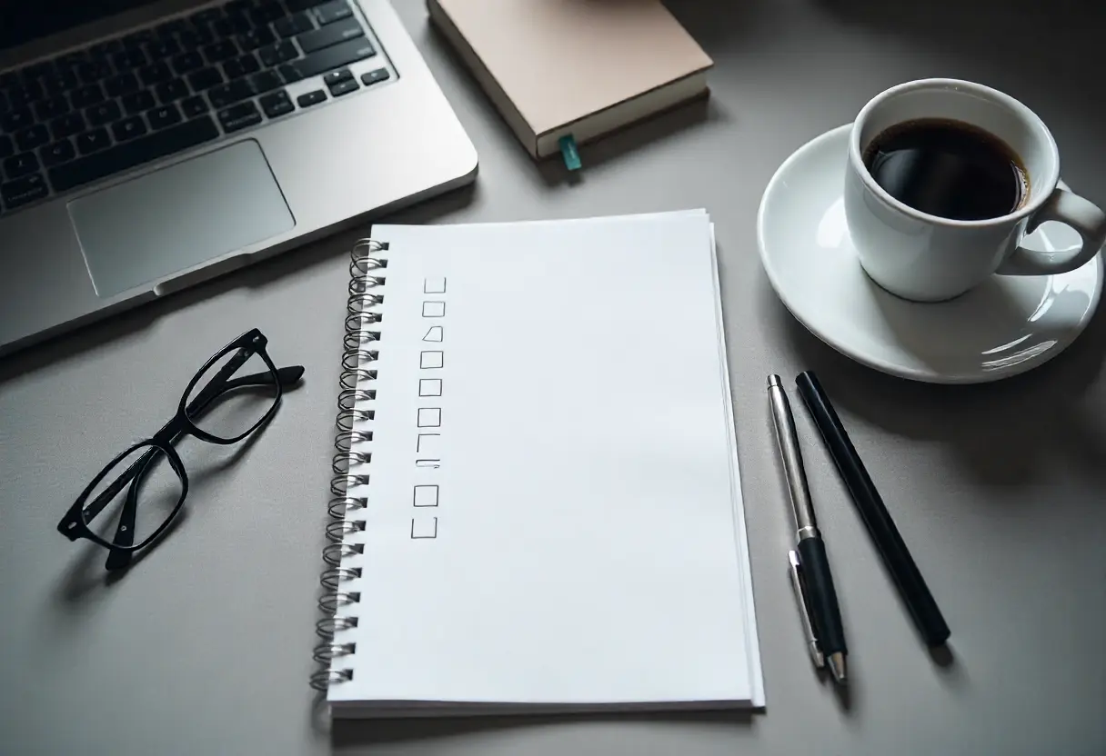 Flat-lay of a desk with a completed checklist, laptop, coffee cup, and notepad with a pen, suggesting readiness to launch or take action.