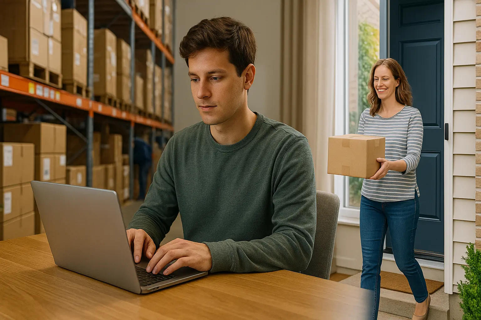 Digital entrepreneur working on a laptop as a product ships automatically from a warehouse to a customer’s home, symbolizing automation and remote selling.