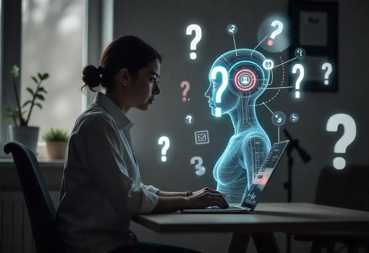 Digital marketer at a desk surrounded by floating question marks, as a glowing AI assistant presents holographic answers showing analytics, automation, email, and content tools.