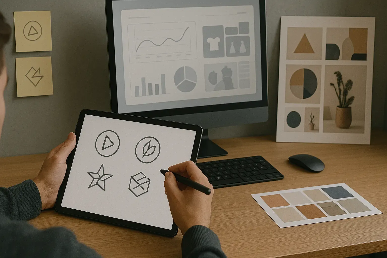 Person designing logos on a digital tablet while browsing an ecommerce dashboard, with branding notes, a mood board, and color swatches nearby.