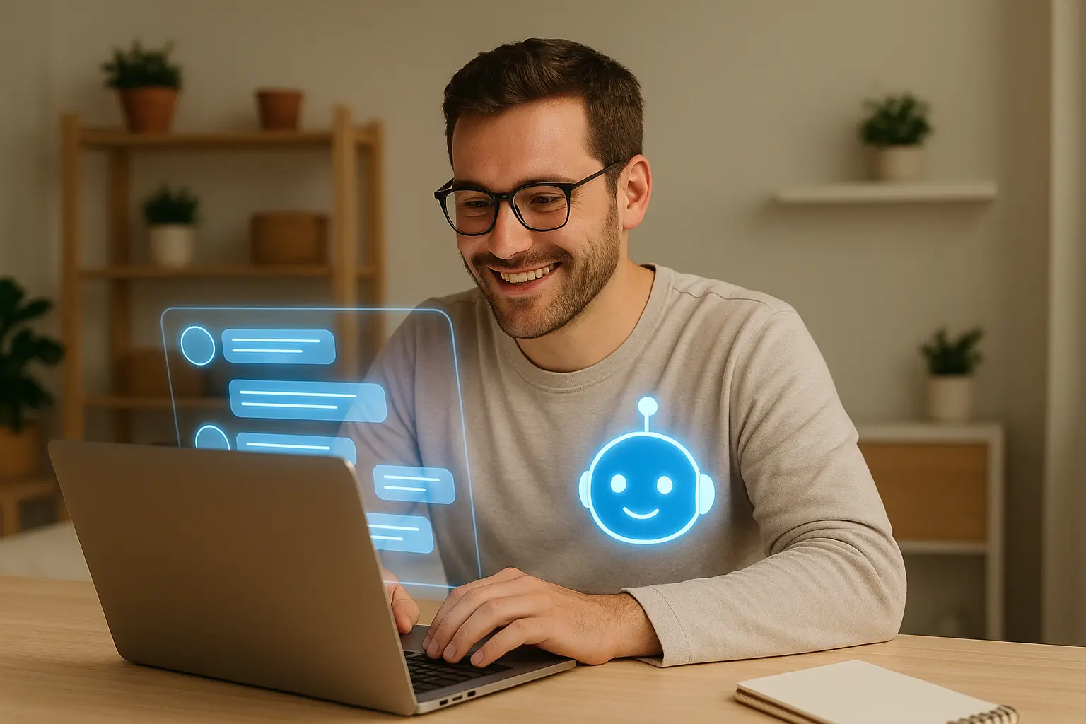 Ecommerce shop owner smiling at a laptop as a chatbot icon assists with multiple glowing customer messages, in a bright and tidy home workspace.