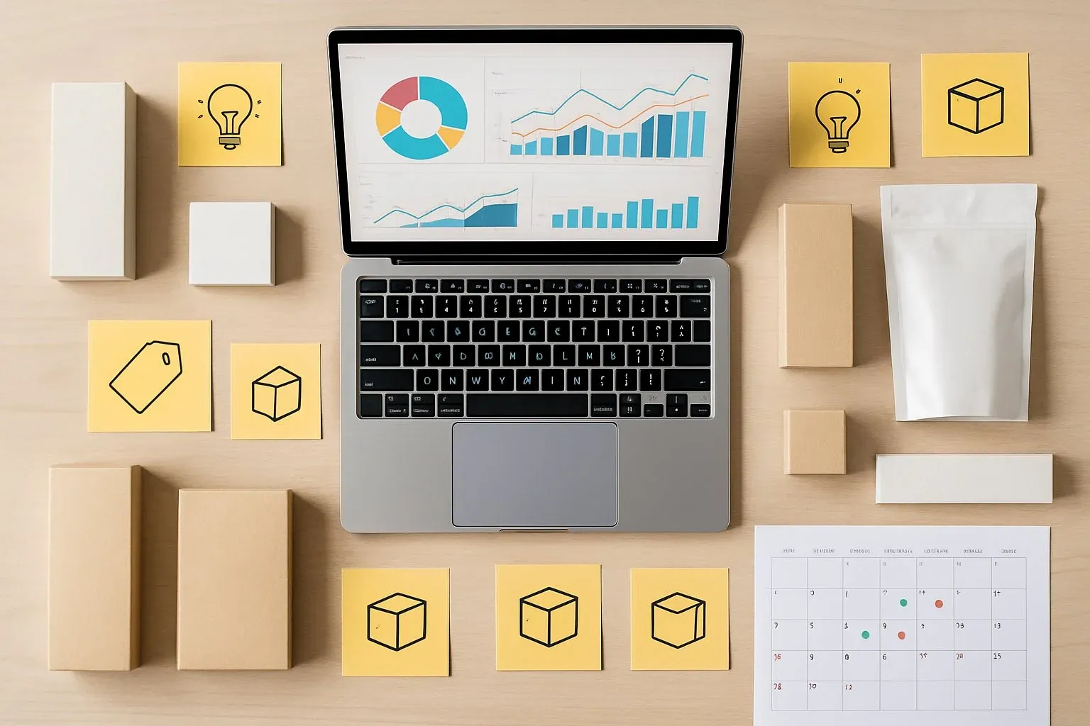 Overhead view of a desk arranged like a strategy board, with a laptop showing analytics, product samples, sticky notes with planning icons, and a goal-marked calendar.