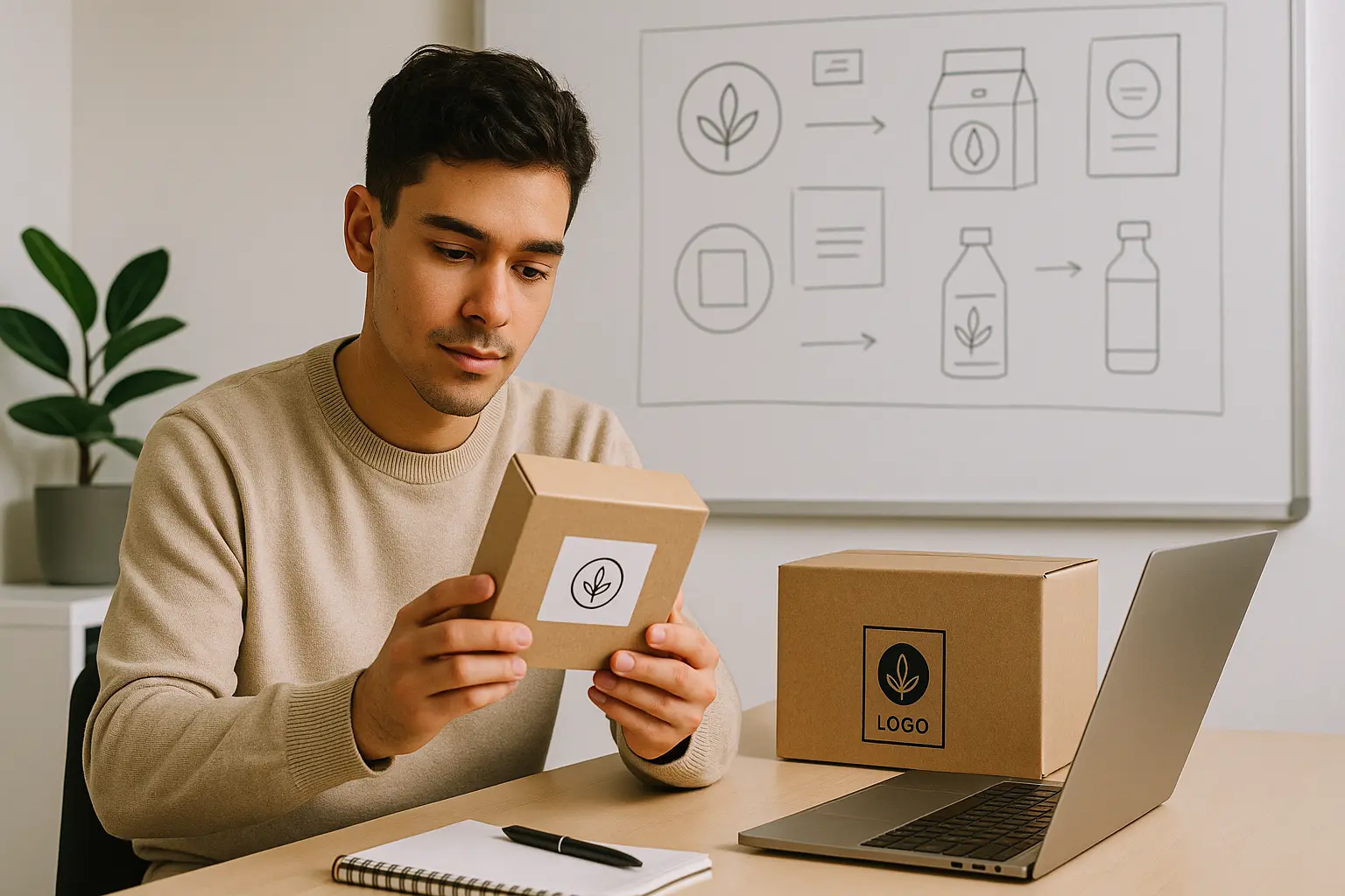 Young entrepreneur at a desk reviewing a branded product prototype, with a whiteboard of logo and packaging sketches and an FBA shipping box nearby.