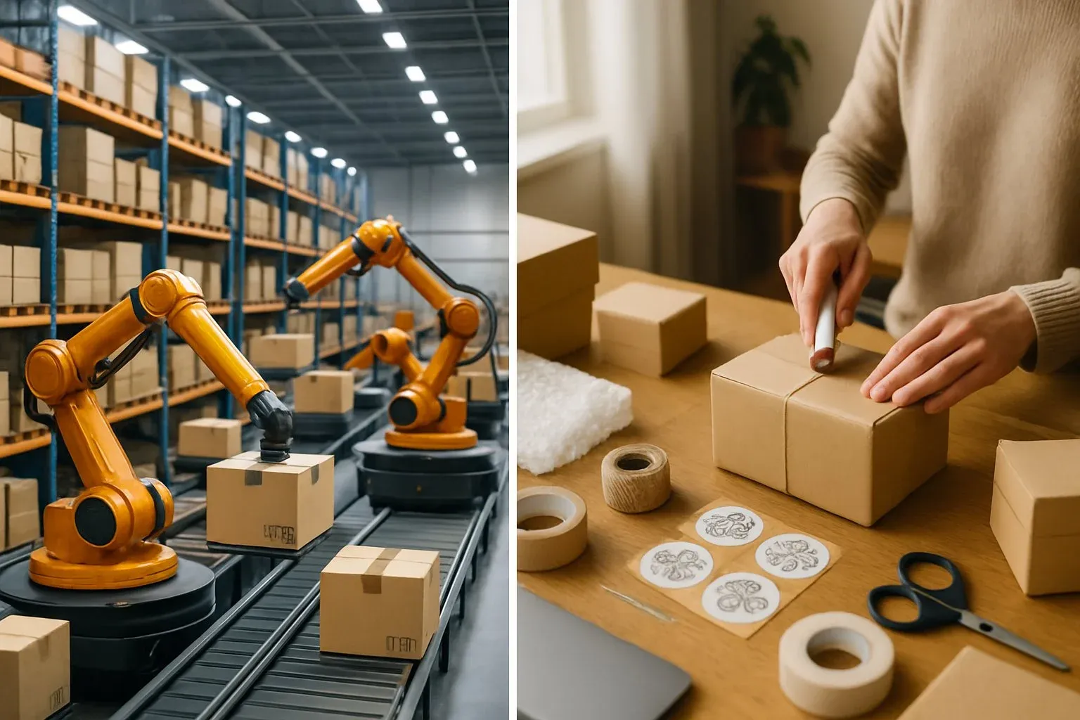 Split scene showing an FBA warehouse with robotic arms and stacked boxes on one side, and a home office setup with packing materials and a person sealing a box on the other—illustrating the contrast between automated and personal fulfillment.