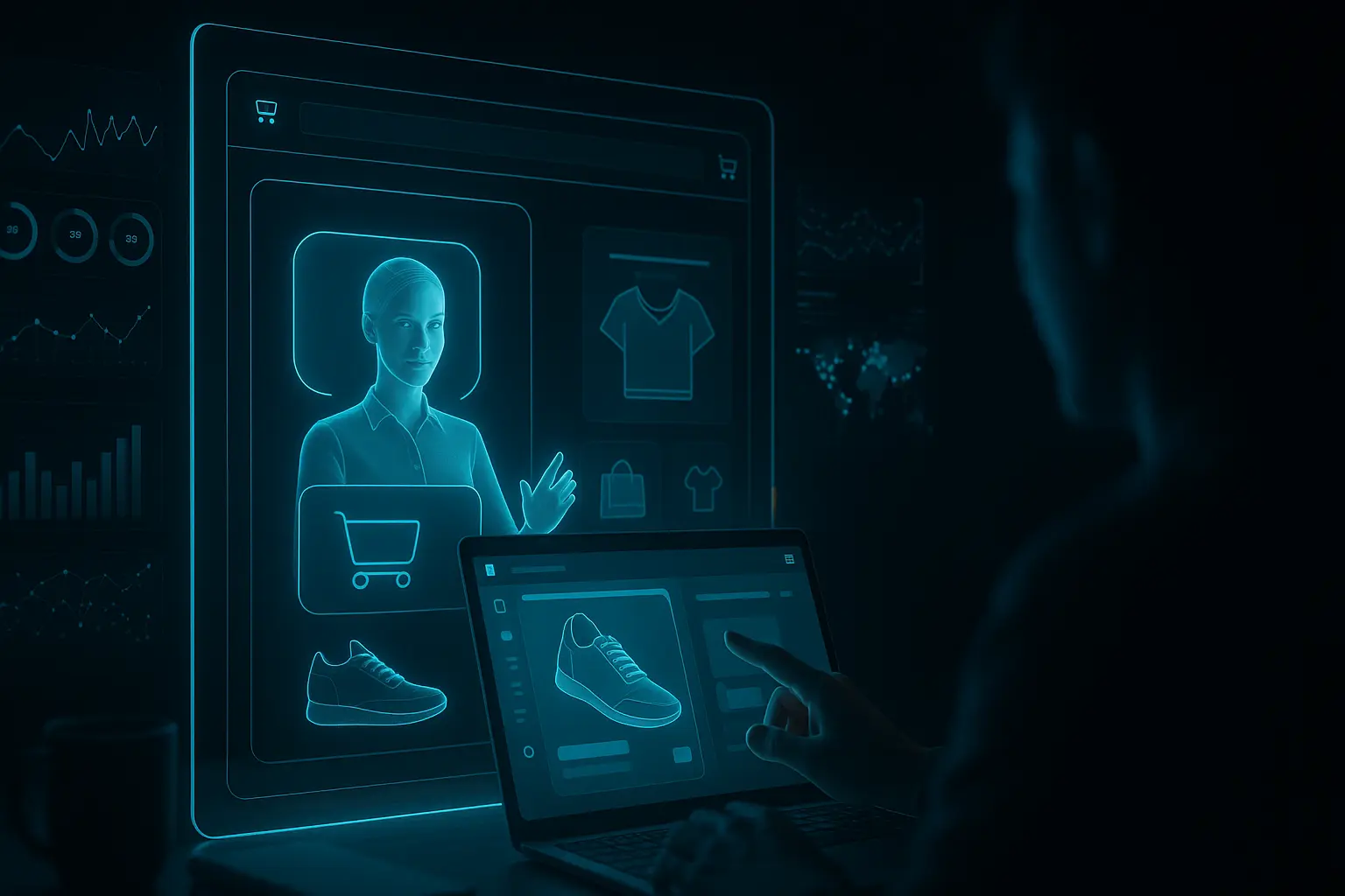 Futuristic ecommerce scene with a glowing interface, where a holographic virtual assistant uses gesture-based AI to guide a shopper and suggest products, with customer behavior analytics floating behind.