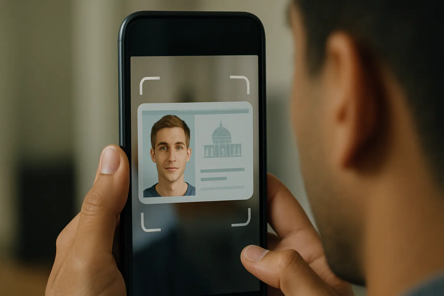 Close-up of a person holding a government ID in front of a webcam or phone, with a scanning frame overlay to show identity verification in progress.