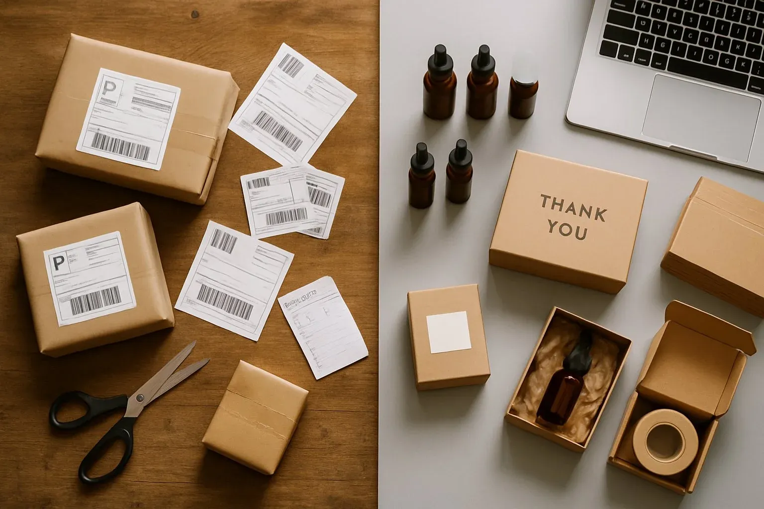 Overhead view comparing two Amazon seller workspaces—one cluttered kitchen table for an Individual seller, and one polished office setup for a Professional seller.