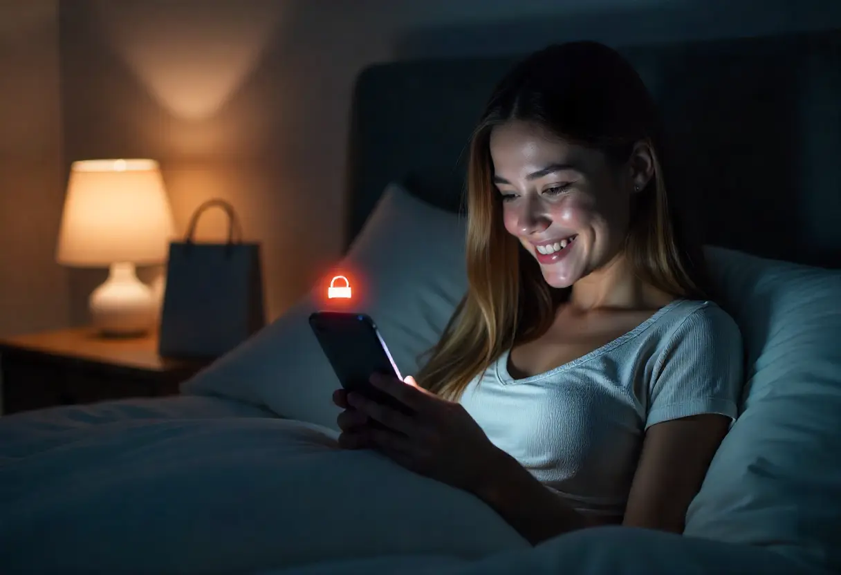 Smiling shopper in bed at night browsing products on a phone, with a glowing chatbot icon suggesting items and floating digital assistant elements in the background.