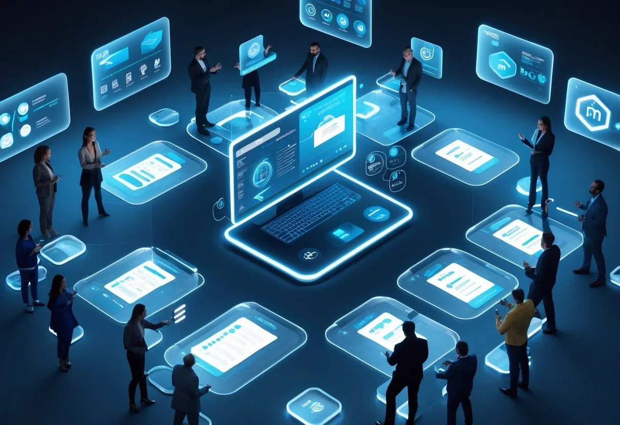 marketers analyze a large central screen showing campaign data being filtered through AI