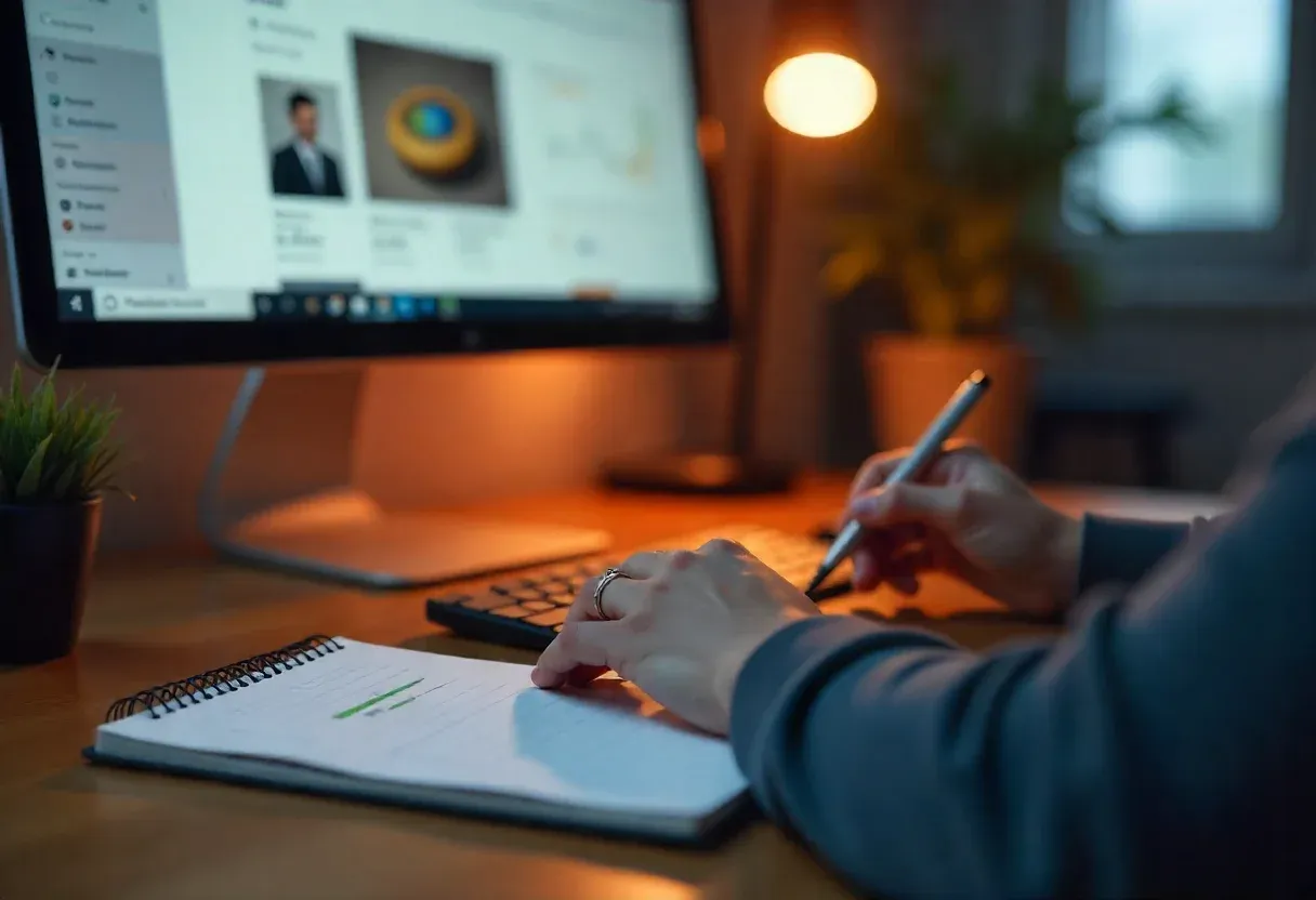 Close-up of a person updating product images and tags on a desktop, with open tabs showing a product page and keyword analytics, plus a notebook with doodles nearby.