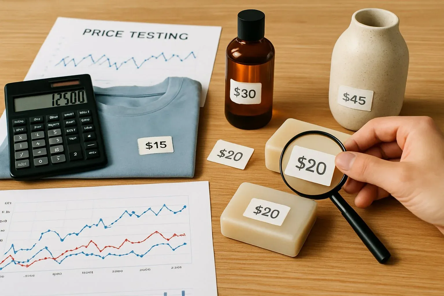 Tabletop with physical product samples and price stickers being adjusted, surrounded by a calculator, fluctuating graphs, and a magnifying glass over a price tag—symbolizing price testing and optimization.