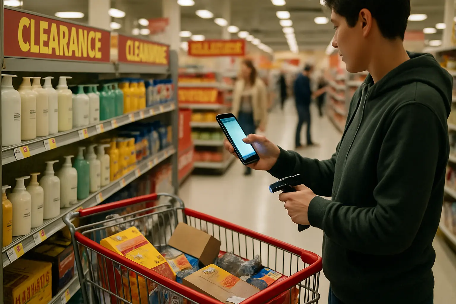 Person scanning product barcodes in a retail store with a cart full of discounted items, glowing phone screen suggesting price comparison, surrounded by clearance signs and busy aisles.