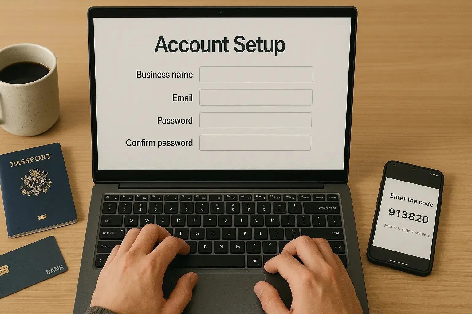 First-person view of a seller filling out an online form on a laptop, surrounded by a coffee cup, passport, bank card, and phone receiving a code—suggesting account setup.