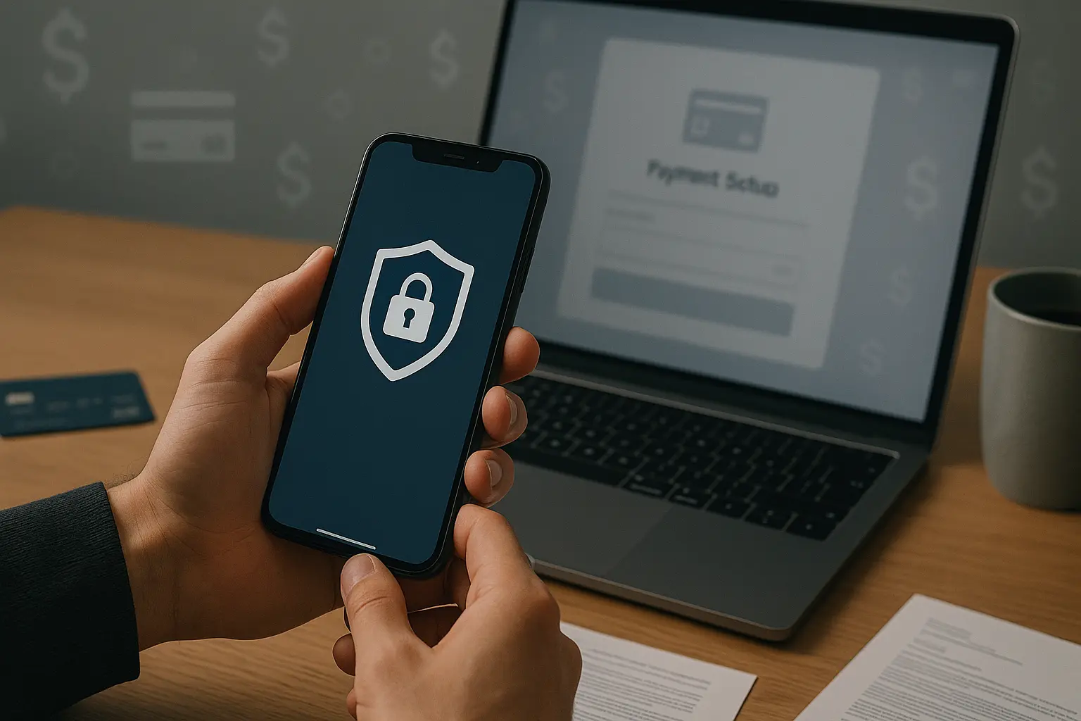 Person holding a smartphone with a secure banking app open, sitting at a desk with a laptop showing a payment setup page, surrounded by a credit card, bank document, and subtle payment icons in the background.