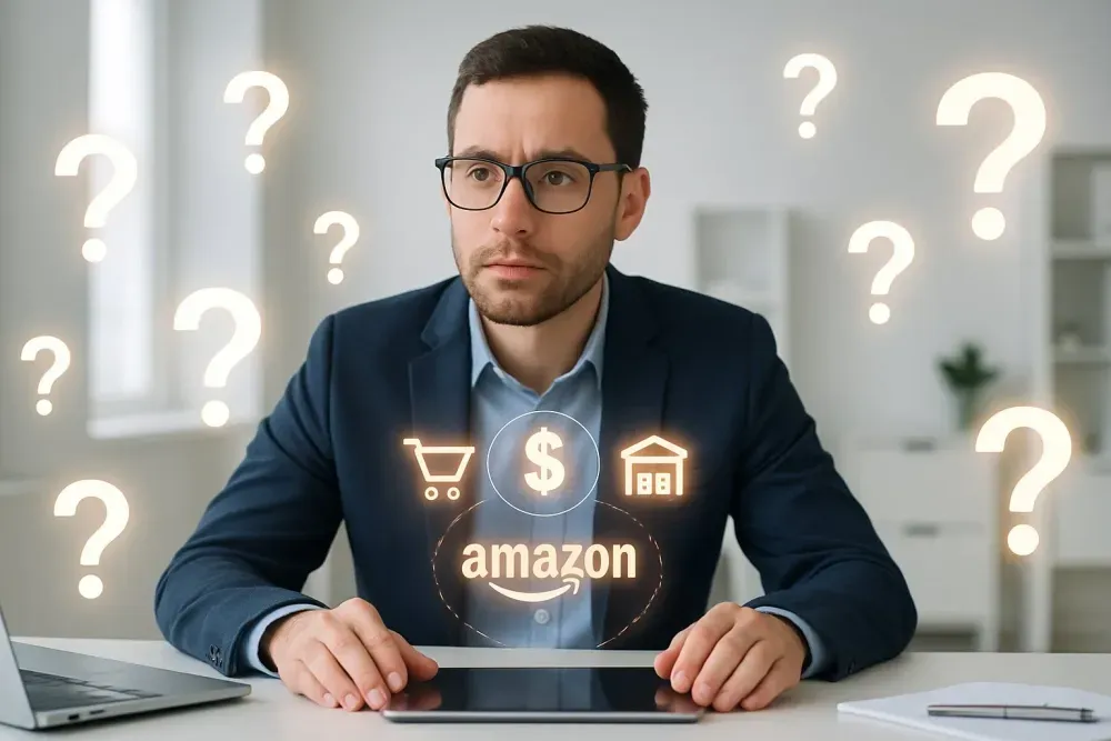 Seller surrounded by softly glowing floating question mark icons, symbolizing uncertainty or decision-making.