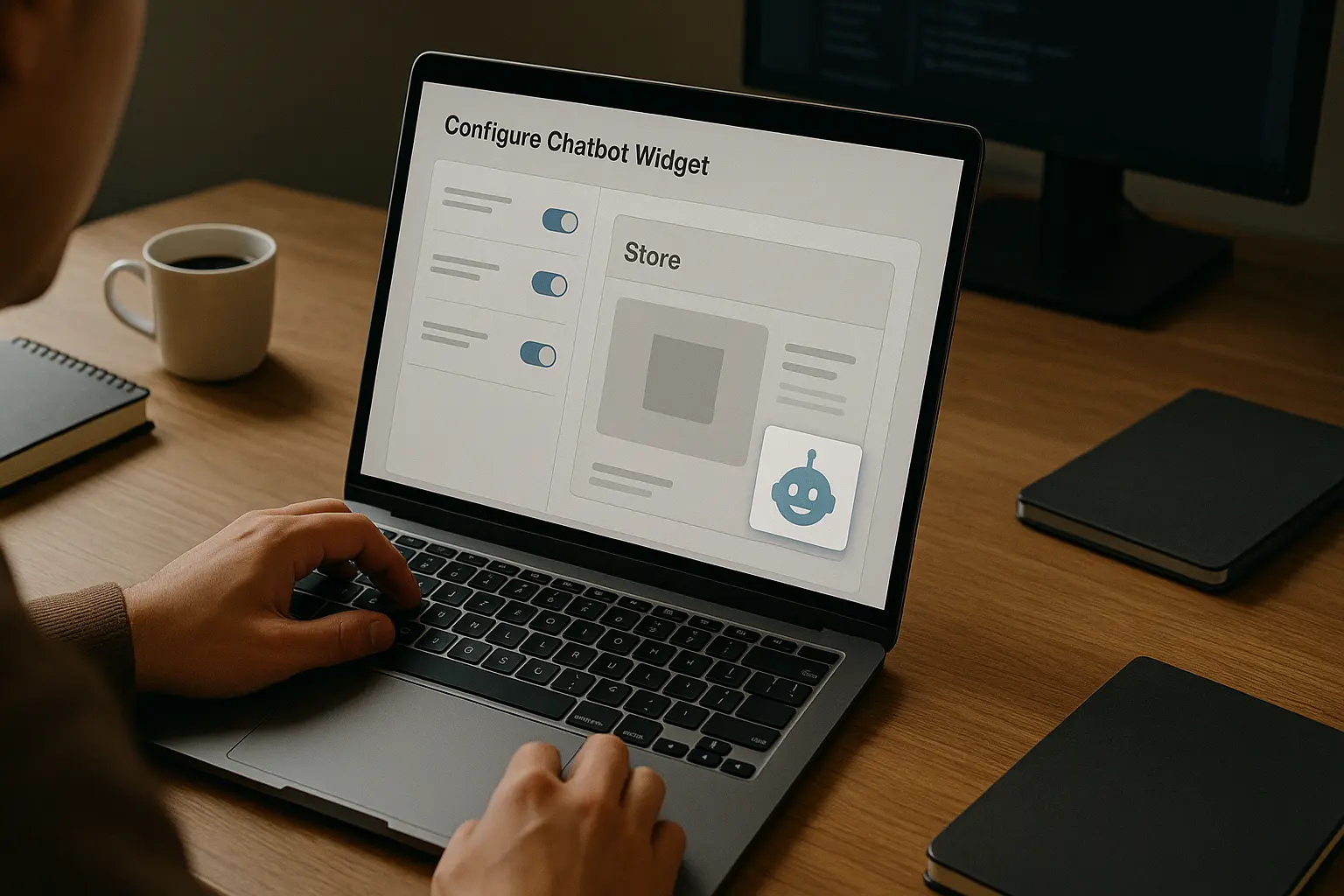 Person configuring a chatbot widget on an e-commerce dashboard, with a preview of the chatbot bubble on a mock store, in a tech workspace with coffee, notebook, and second monitor.
