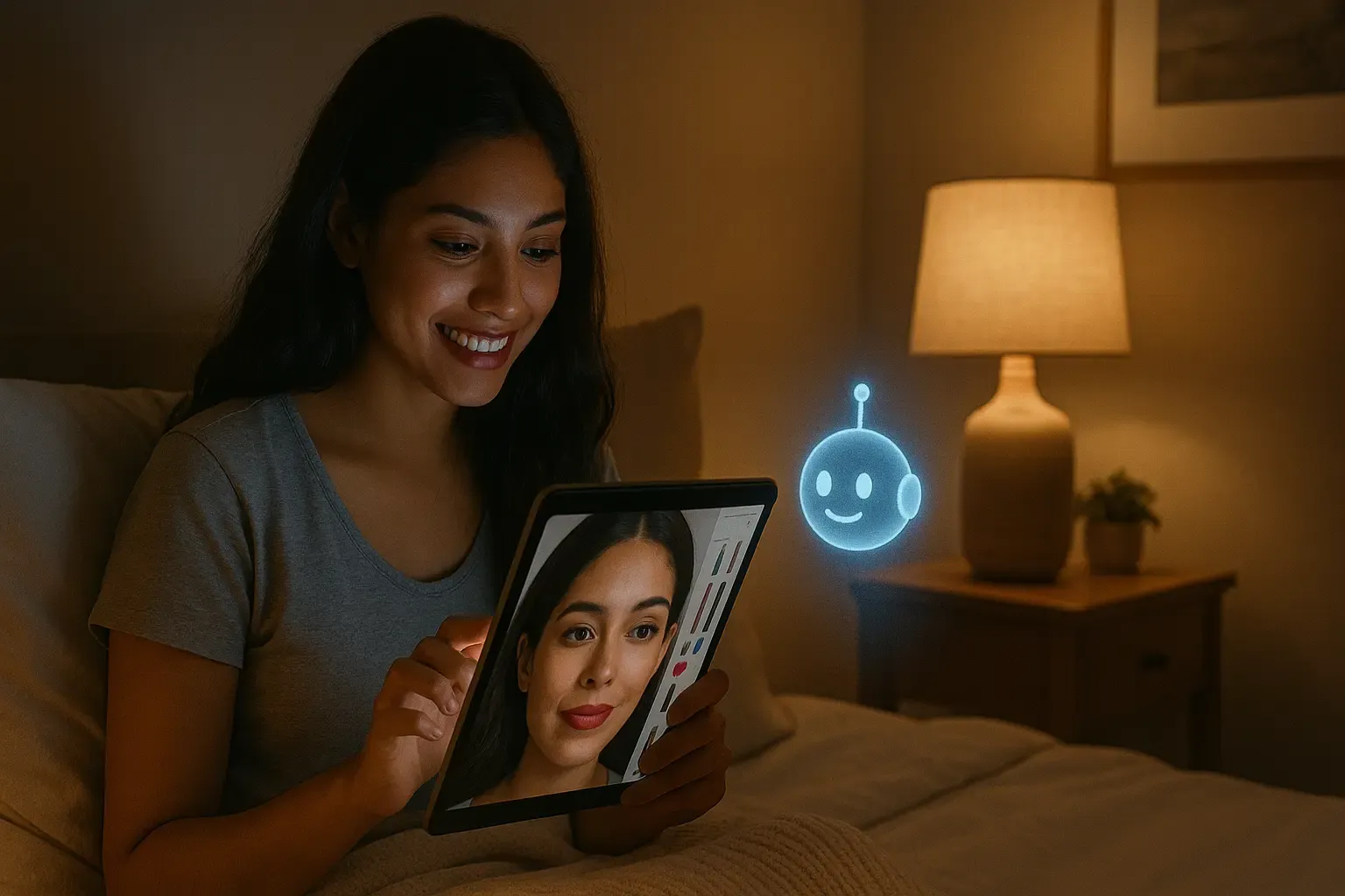 Young woman using a tablet in bed at night, testing lipstick shades with a virtual makeup assistant and receiving real-time AI help via chatbot icon.