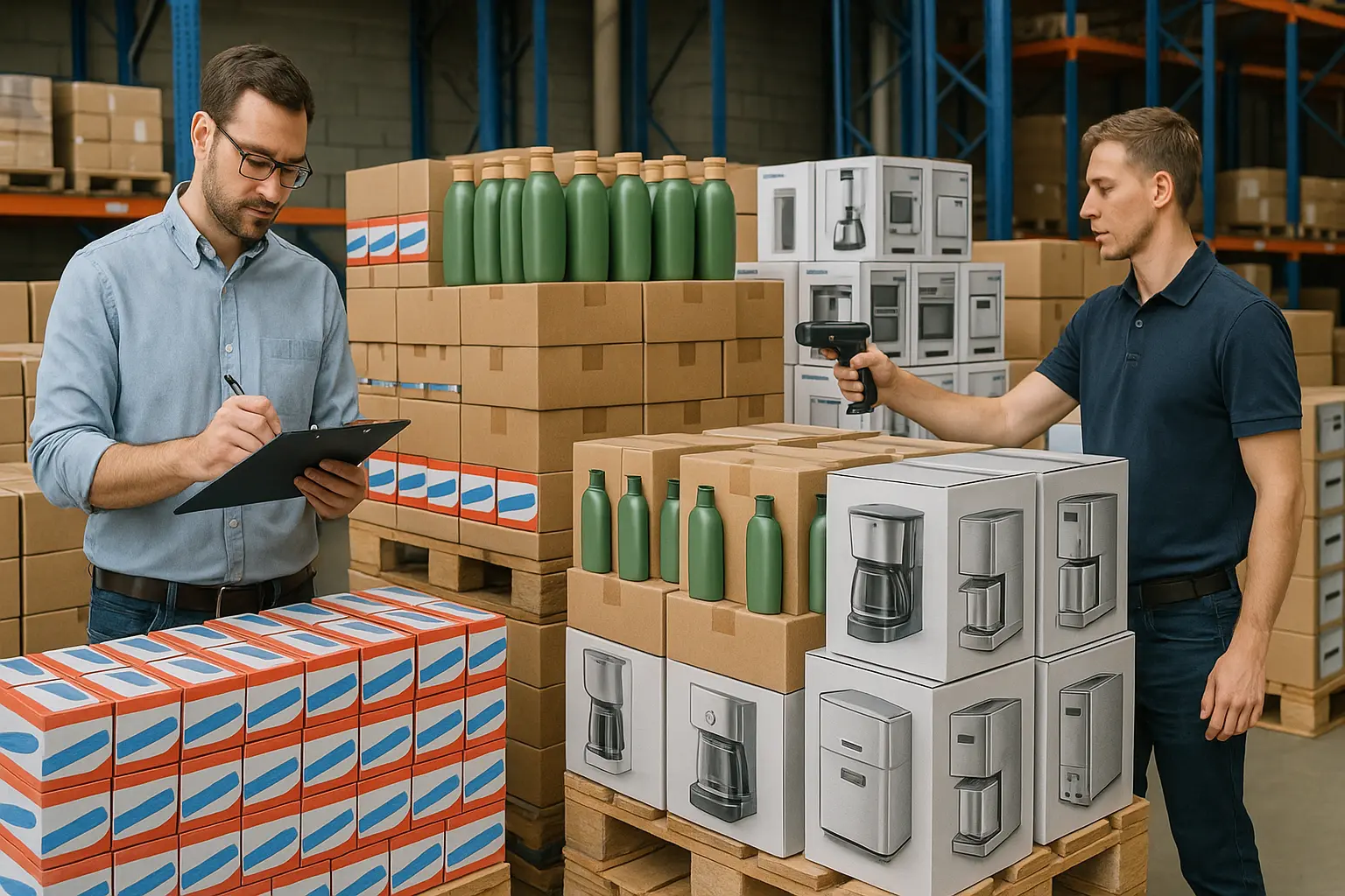 Warehouse scene with stacked pallets of household products; one person checks a clipboard while another scans boxes, highlighting bulk inventory and efficiency.