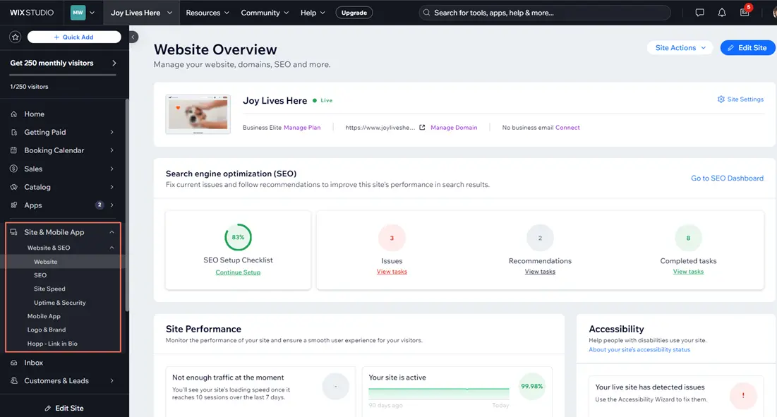 Wix dashboard