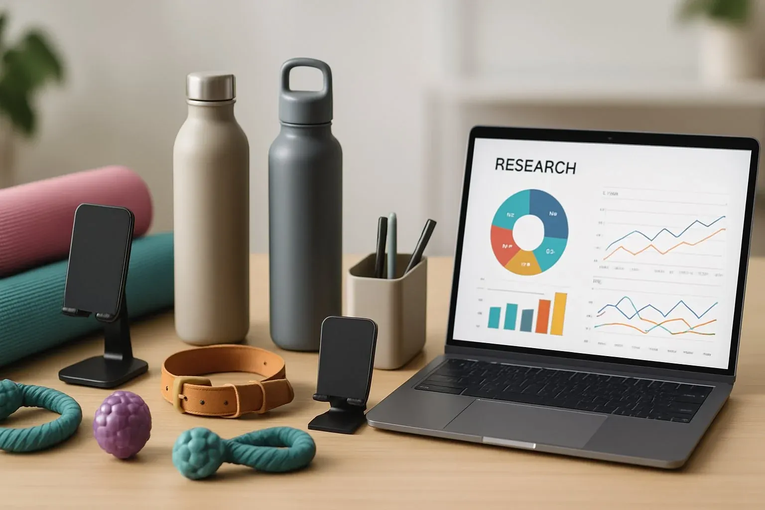 Creative workspace with neatly arranged lightweight products like yoga mats, water bottles, pet accessories, and desk organizers, next to a laptop displaying charts and graphs for product research.