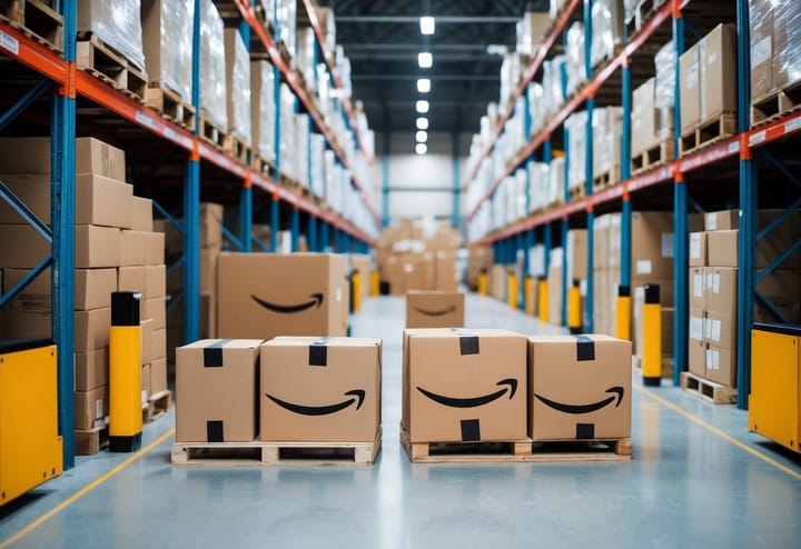 A bustling Amazon warehouse with packages being prepared for shipping