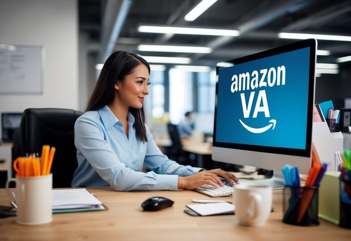 An Amazon VA working on a computer, surrounded by office supplies and a busy workspace