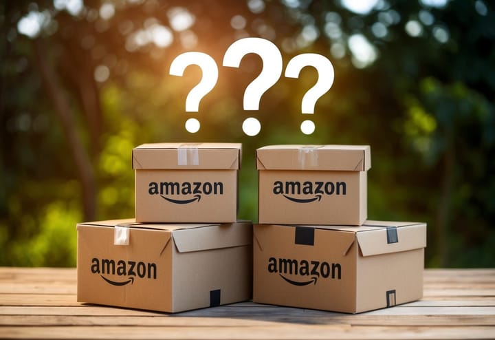 A stack of Amazon FBA boxes with question marks hovering above them