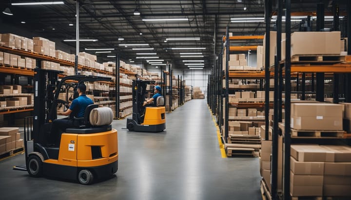 A warehouse with shelves of neatly organized products