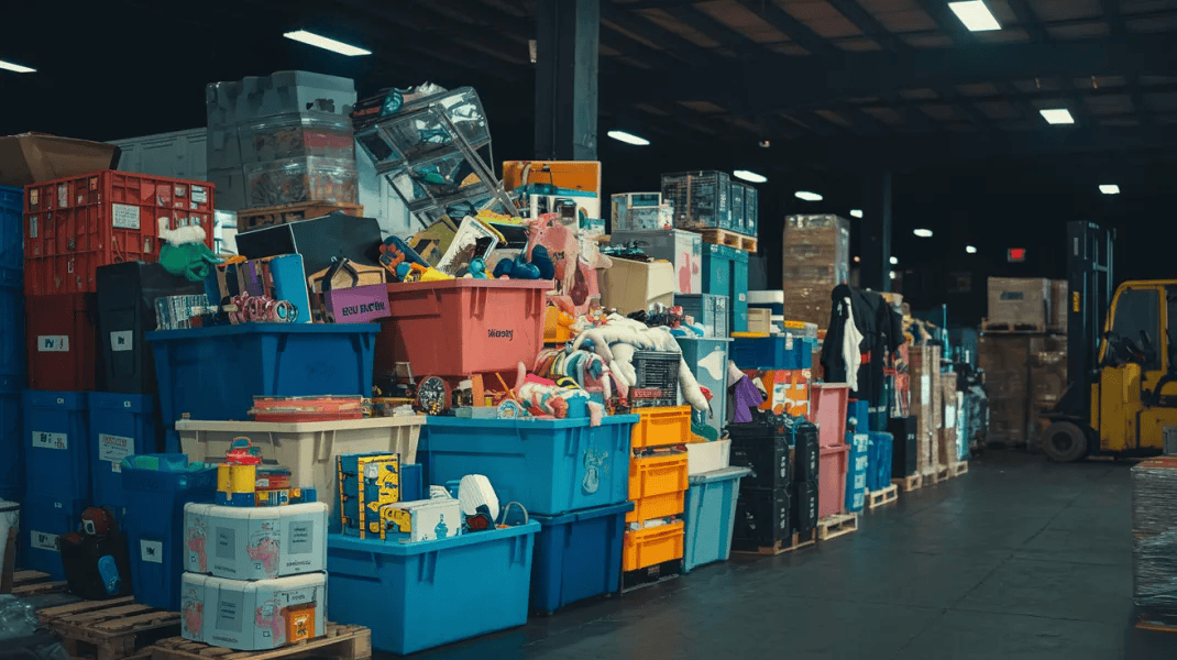 A pile of unsold products from failed Amazon FBA sellers, stacked in a dimly lit warehouse