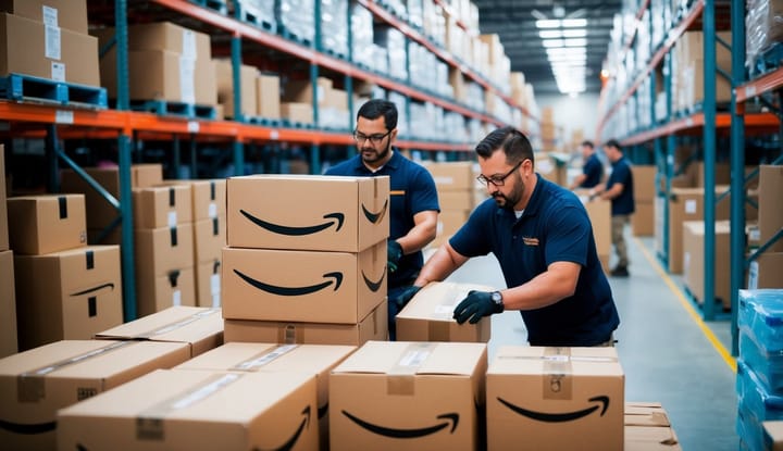 An Amazon warehouse with packages being sorted and shipped by workers