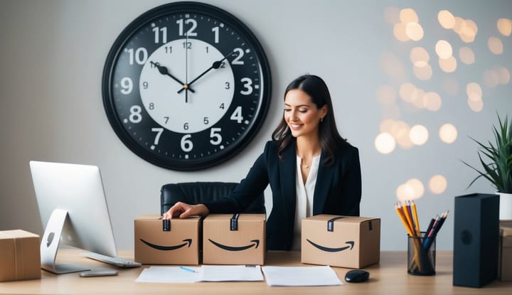 A busy Amazon seller at a desk, organizing inventory, updating listings, and a clock on the wall shows the passing time