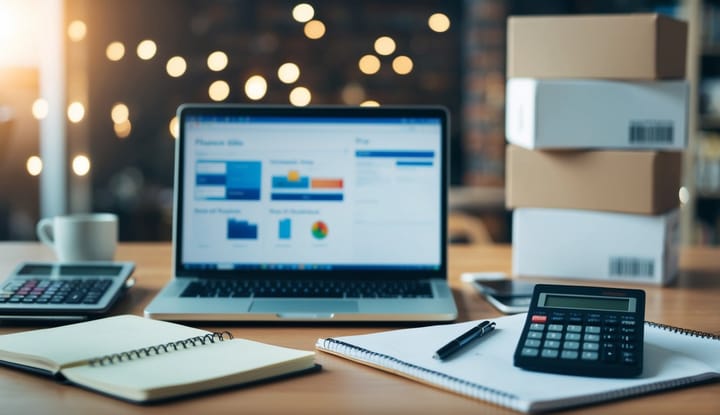 A cluttered desk with a laptop, notebook, and calculator. Boxes of products stacked in the background