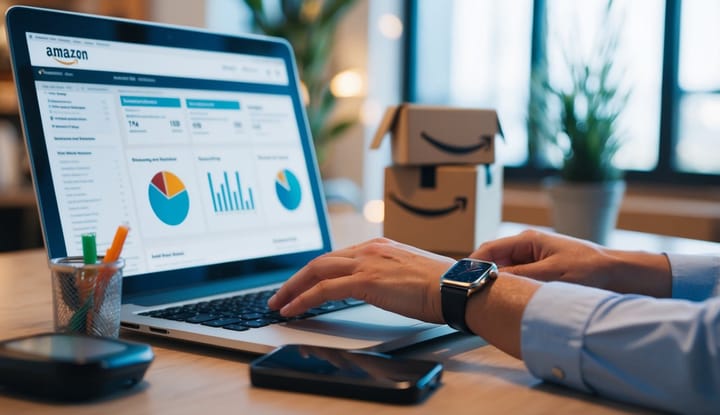 A seller navigating Amazon Seller Central Dashboard, viewing sales data, inventory management, and order processing
