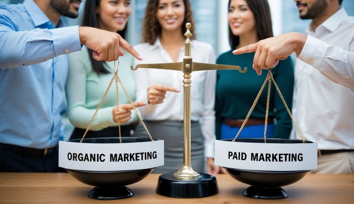 A group of people comparing two scales: one labeled 'Organic Marketing' and the other 'Paid Marketing.