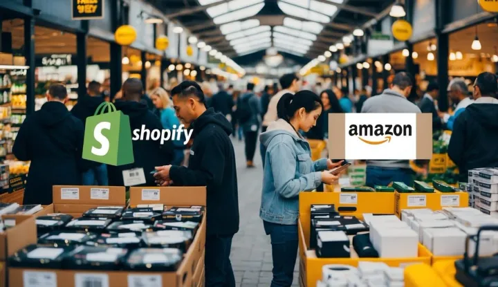 A busy marketplace split between Shopify and Amazon FBA, where customers browse and compare products.