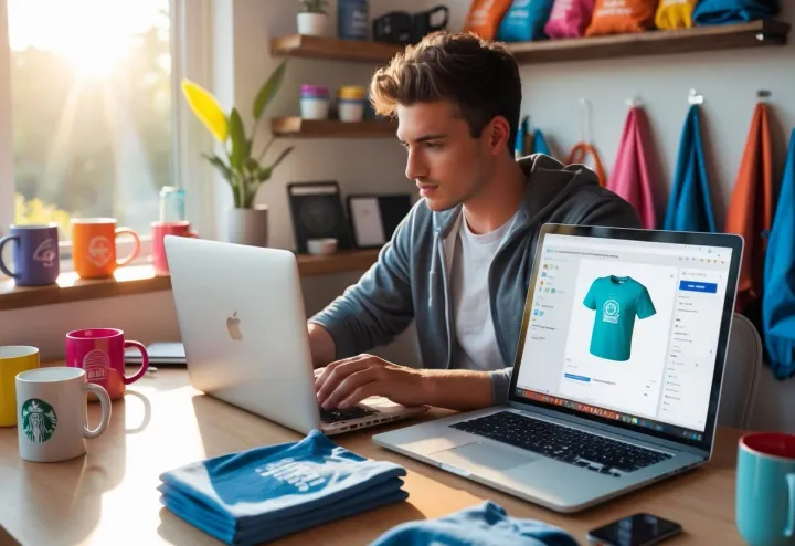 A young entrepreneur designing a t-shirt on a laptop in a cozy home workspace, surrounded by POD products like mugs, tote bags, and hoodies, with a Shopify dashboard on the screen.